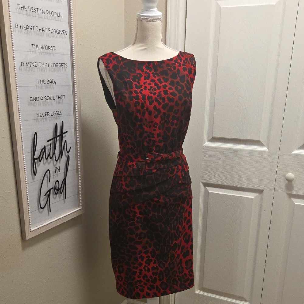 Cache Red and Black Animal Print Midi Dress